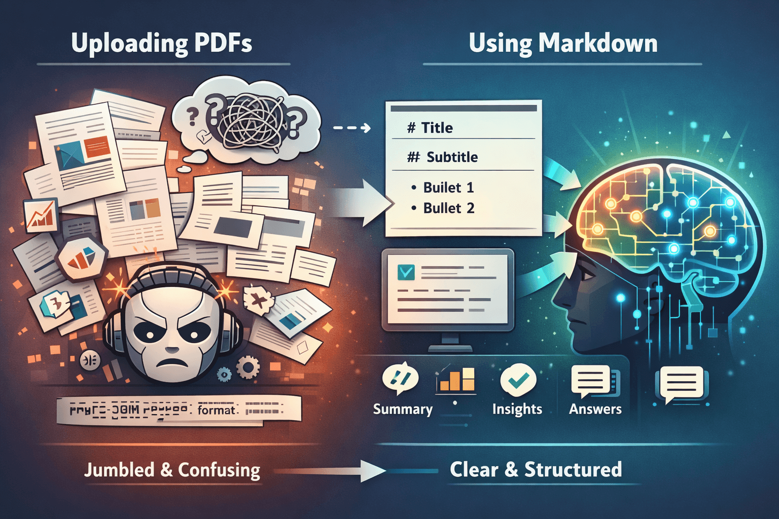 Comparison of uploading PDFs vs using Markdown files for AI — jumbled and confusing vs clear and structured