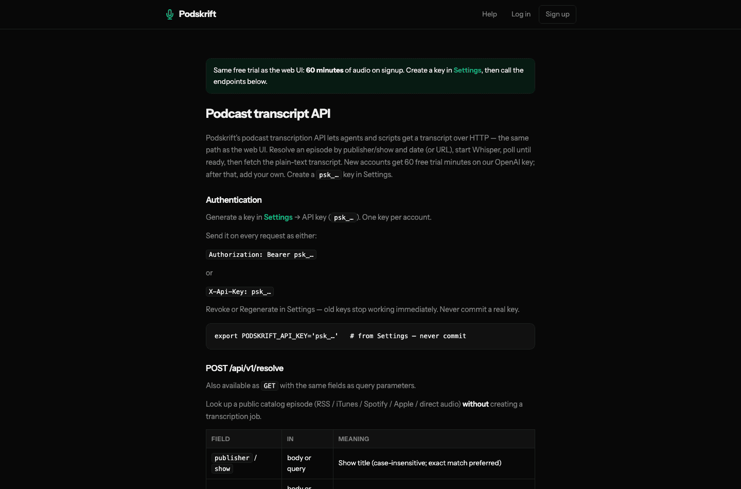 Podskrift podcast transcript API documentation with authentication and resolve endpoint
