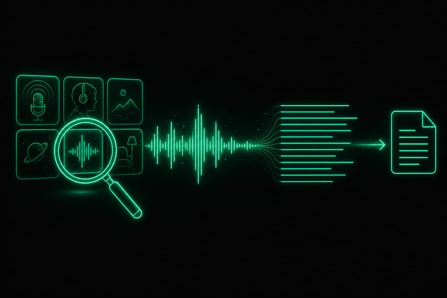 transcribe podcast to text: search a podcast, turn the audio waveform into a text file