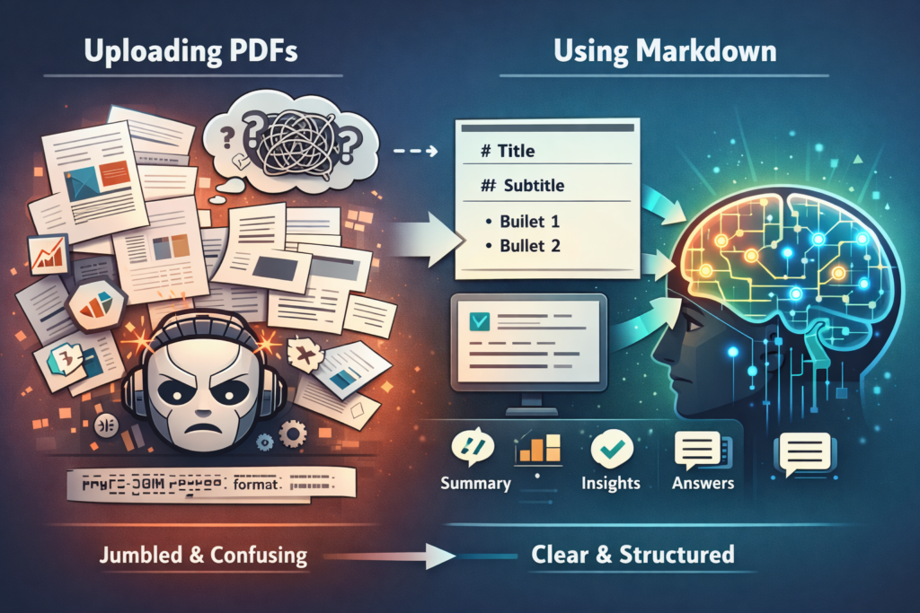 Comparison of uploading PDFs vs using Markdown files for AI — jumbled and confusing vs clear and structured