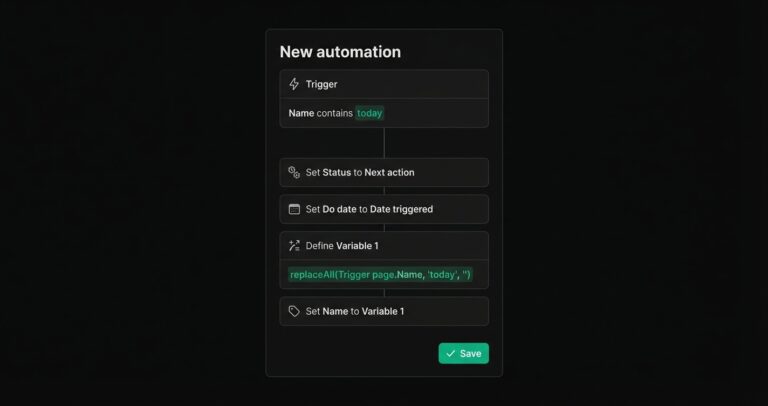 Notion replaceAll automation panel with Name contains today trigger and replaceAll formula.