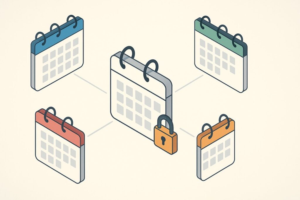 macOS calendar sync illustration: multiple colored calendar grids flowing into one Exchange calendar