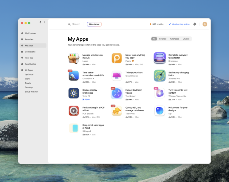 Setapp app catalogue showing installed Mac apps