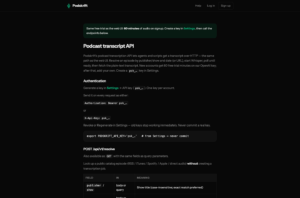 Podskrift podcast transcript API documentation with authentication and resolve endpoint