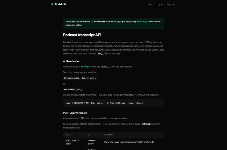 Podskrift podcast transcript API documentation with authentication and resolve endpoint
