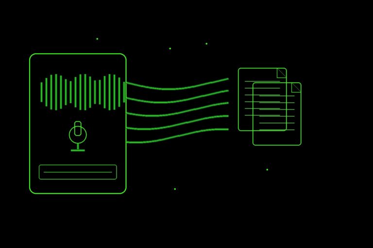 podcast transcript generator: audio waveform converted into searchable text documents
